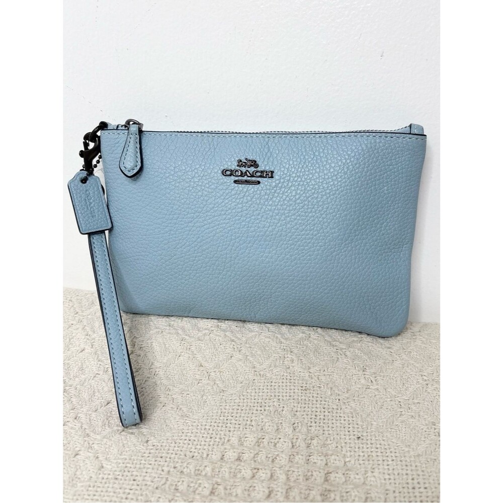 Coach Polished Pebble Leather Small Zip Top Wristlet Bluebell 22952
